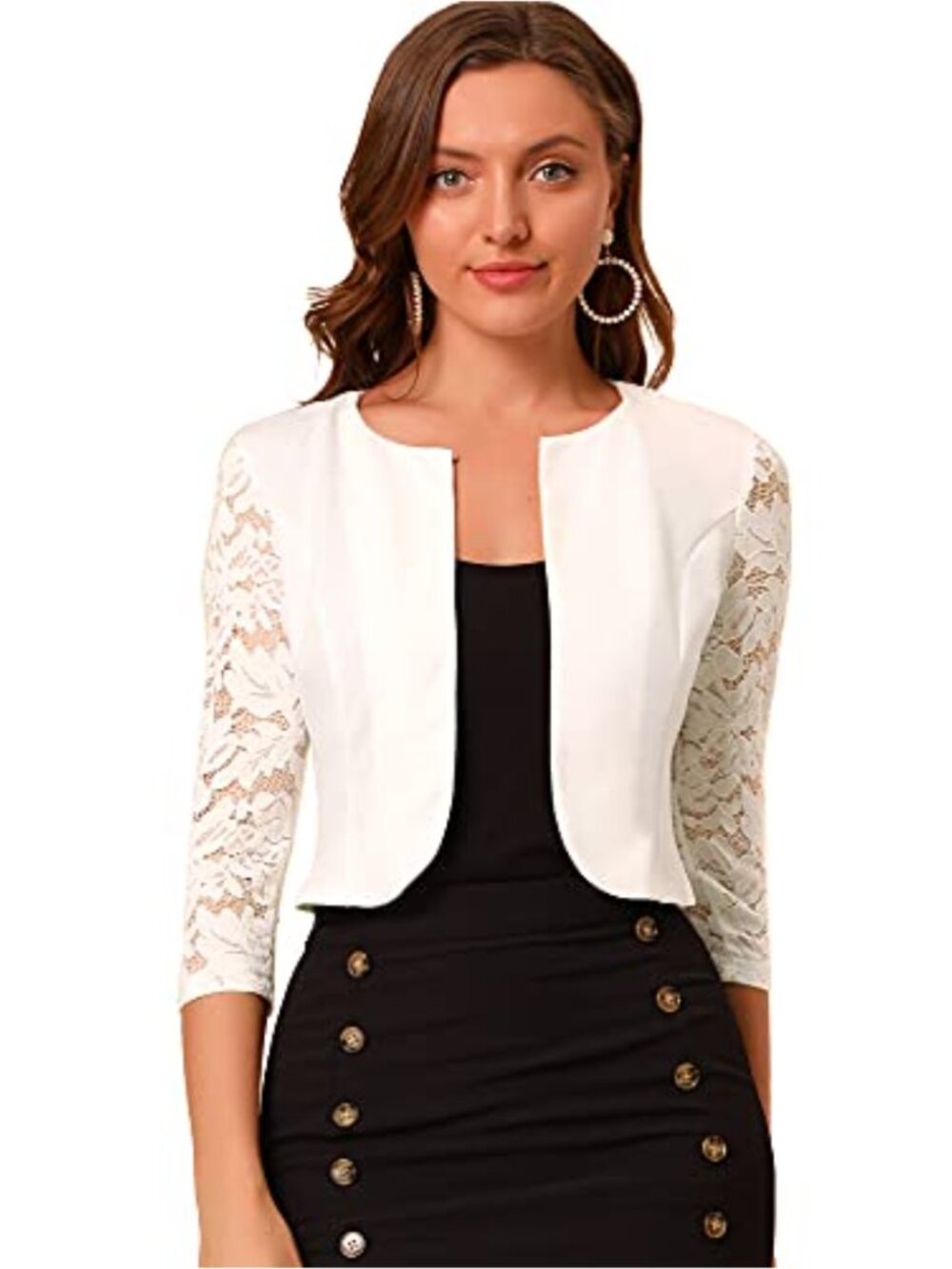 Women's Lace Sheer Evening Shrug Jacket 3/4 Sleeve Open Front Wedding Party